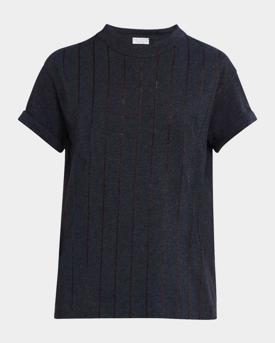 Striped Sequin Cotton Jersey Short-Sleeve T-Shirt